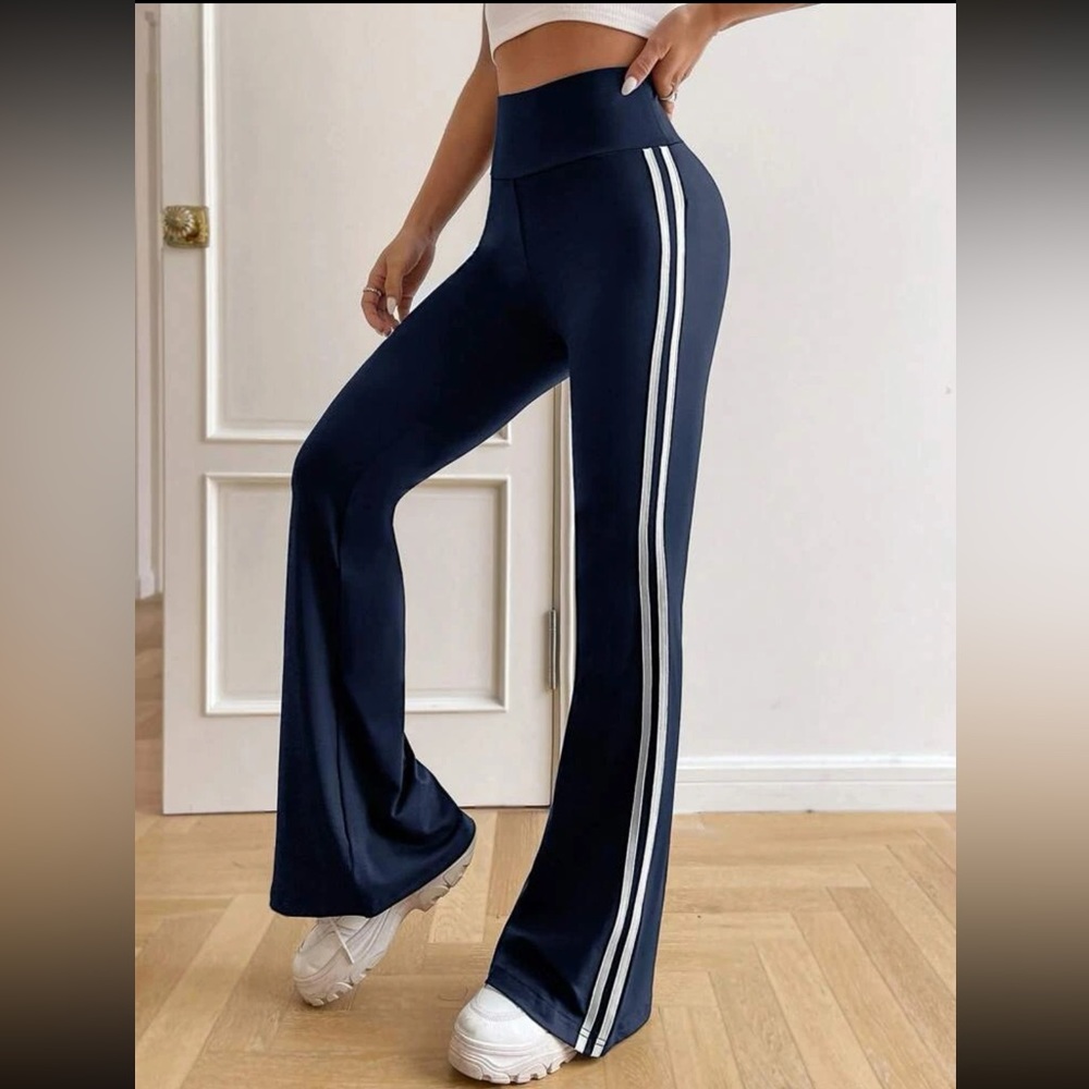 Navy Blue & White Striped Tape Side Flare Pant Legging Mult. Sizes New - Picture 3 of 5